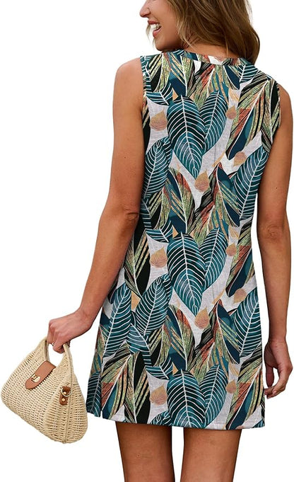 WIHOLL Casual Dresses for Women Crewneck Sleeveless Tank Dress Summer Spring Boho Vacation Clothes