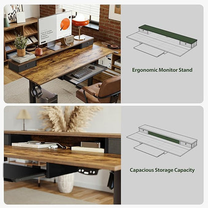 Electric Standing Desk with 2 Drawers and Keyboard Tray, 48 x 24 Inches Ergonomic Adjustable Height Desk with Storage, Sit Stand Computer Workstation, Rustic Brown