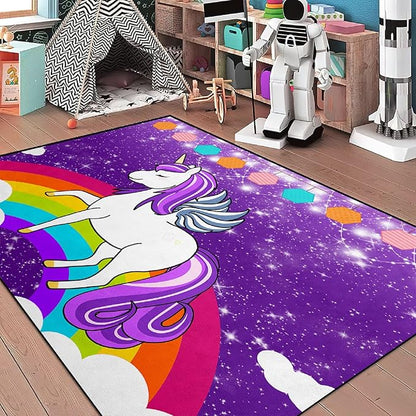 Unicorn Rugs for Girls Bedroom Unicorn Area Rugs for Girls Bedroom Rainbow Carpet Kids Unicorn Rugs for Bedroom Girls Living Room Floor Mat, Purple, 3'×5'