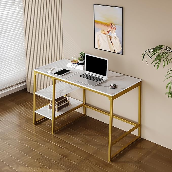 CIVANA Metal Office Desk，43 Inch Small Study Desk,Gold Office Desk with 2 Tier Storage Space，Computer Desk Modern Simple Style，Sturdy Writing Workstation for Home & Office，White Marble + Gold Leg