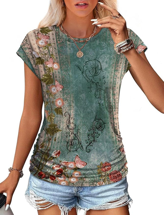 Sampeel Womens Summer Tops Trendy 2026 Ruched Cap Short Sleeve Tshirts Shirts Crew Neck T Shirts Fashion