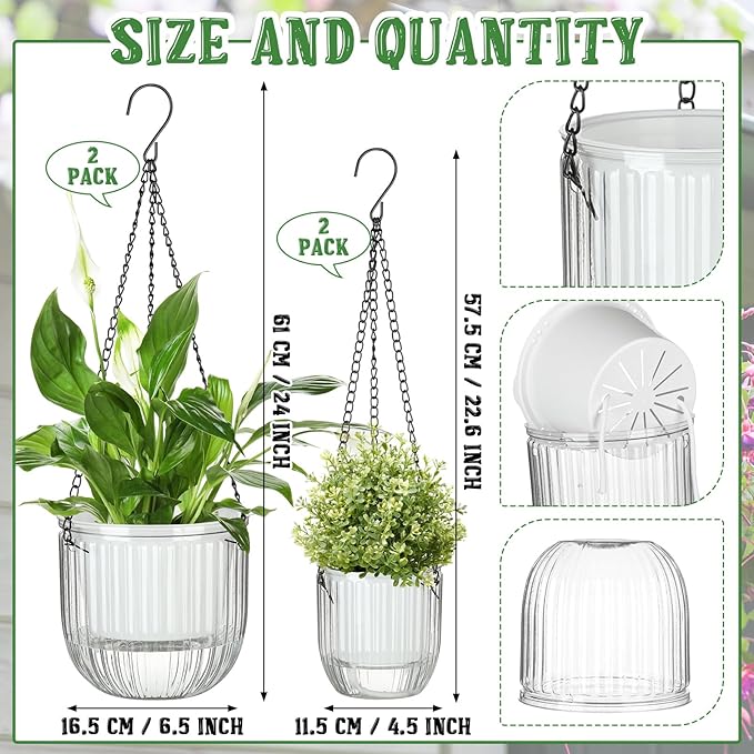 Maxcheck 4 Pcs Self Watering Hanging Planters Indoor Gift 6.5'' 4.5'' Hanging Flower Pots Baskets Outdoor Self Watering Plant with 3hooks Drainage Holes for Home(Clear)