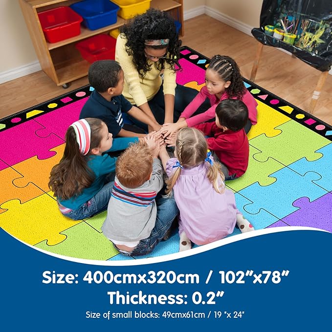 Booooom Jackson Classroom Rug 13'x10'4'' Puzzle Classroom Seating Rug for School Learning Area, Children's Colorful Seating Rug Classroom Carpet with Non-Slip Backing(Seats-30)