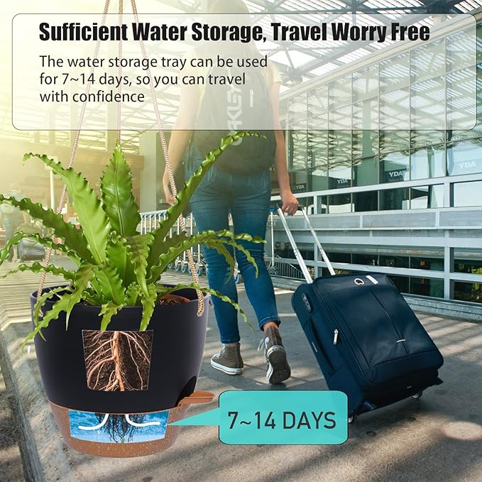 10 Inch Self Watering Hanging Pots, 2 Pack Hanging Planters with 40oZ Deep Reservior for Indoor Outdoor Plants Flowers, Black with Brown
