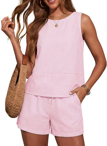 LOMON Women's Trendy 2 Piece Outfits Shorts Sets Summer Crew Neck Sleeveless Tank Top and Bottom Matching with Pockets 2026