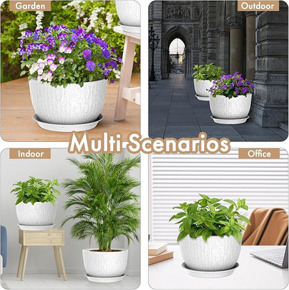 12 Inch Wide Water Ripples Flower Pots for Indoor or Outdoor Plants, Large Plant Pots with Drainage Holes & Saucer, Plastic Planters Set for Garden & Home Decor (White with Black Speckles)
