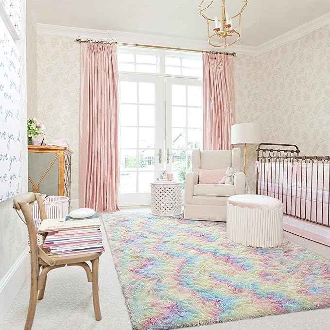 AROGAN Soft Rainbow Area Rugs for Girls Room 3x5 Feet, Fluffy Girls Bedroom Rugs, Princess Rug, Cute Colorful Carpet for Kids Teens Nursery Toddler, Pink