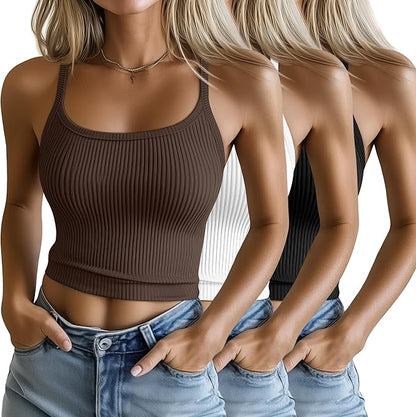 Ficerd 3 Pack Women's Tank Tops 95% Cotton Spaghetti Strap Ribbed Crop Camisole Slim Fitted Basic Summer Sleeveless Layer