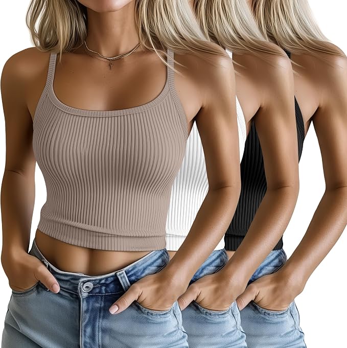 Ficerd 3 Pack Women's Tank Tops 95% Cotton Spaghetti Strap Ribbed Crop Camisole Slim Fitted Basic Summer Sleeveless Layer