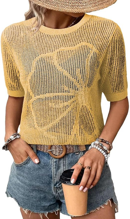 Dokotoo Womens Summer Short Sleeve Crochet Tops Hollow Out Floral Sweaters Beach Vacation Cruise Outfits
