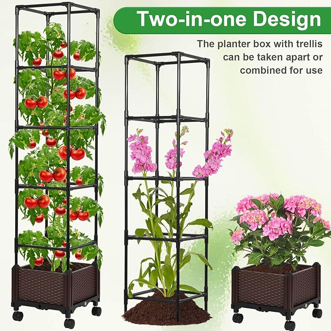 Lezmarket Self Watering Tomato Planter with Trellis for Patio, 55.9" Raised Garden Bed Planter Pot with Trellis, Plant Supports and Garden Shovel for Tomatoes, Climbing Plants