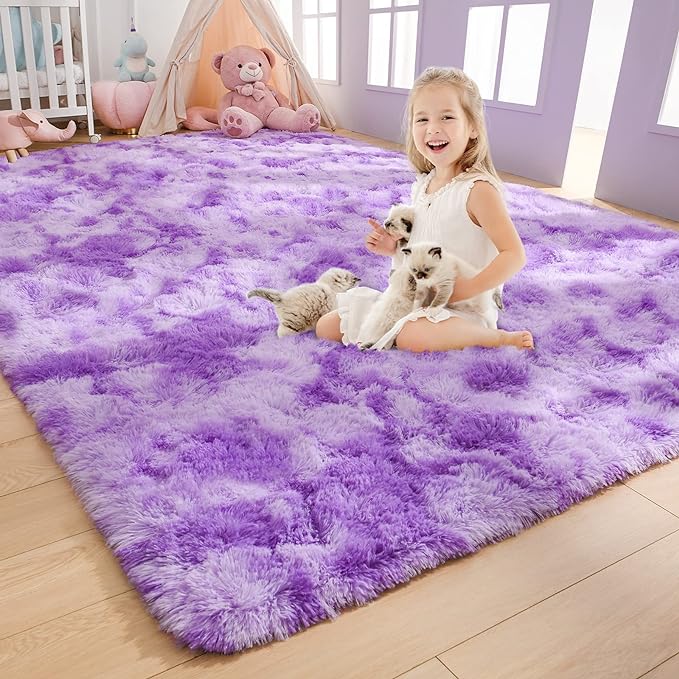 AROGAN Soft Rainbow Area Rugs for Girls Room 5x8 Feet, Fluffy Girls Bedroom Rugs, Princess Rug, Cute Colorful Carpet for Kids Teens Nursery Toddler （Purple）