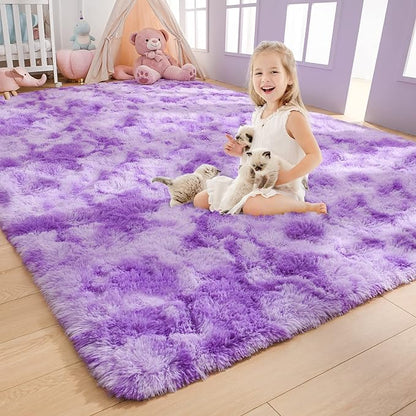 AROGAN Soft Rainbow Area Rugs for Girls Room 5x8 Feet, Fluffy Girls Bedroom Rugs, Princess Rug, Cute Colorful Carpet for Kids Teens Nursery Toddler （Purple）