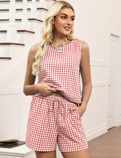 LOMON Women's Trendy 2 Piece Outfits Shorts Sets Summer Crew Neck Sleeveless Tank Top and Bottom Matching with Pockets 2026