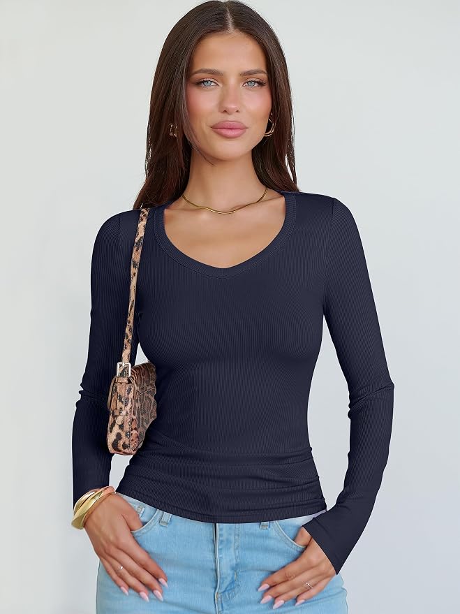 ANRABESS Long Sleeve V Neck Shirts for Women | Soft Comfy Ribbed Knit Fitted Tshirts, Casual Going Out Tops, 2026 Trendy Basic, Fall Winter Underscrub Layering Clothes