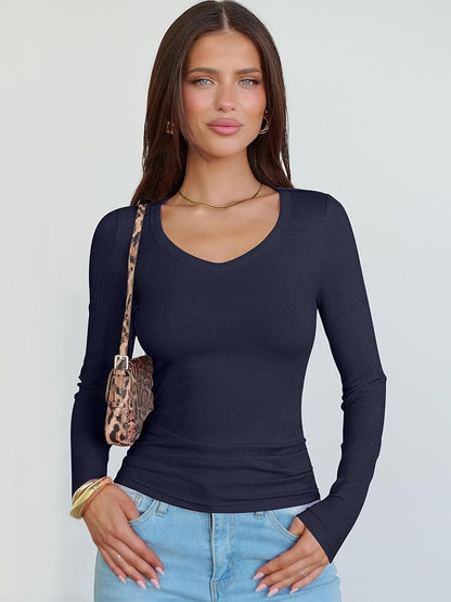ANRABESS Long Sleeve V Neck Shirts for Women | Soft Comfy Ribbed Knit Fitted Tshirts, Casual Going Out Tops, 2026 Trendy Basic, Fall Winter Underscrub Layering Clothes