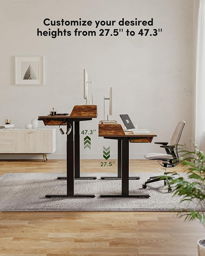 BANTI 48 x 24 Inch Electric Standing Desk with 3 Drawers, Adjustable Height Stand Up Desk, Sit Stand Home Office Desk with Storage Shelf, Rustic Brown Top
