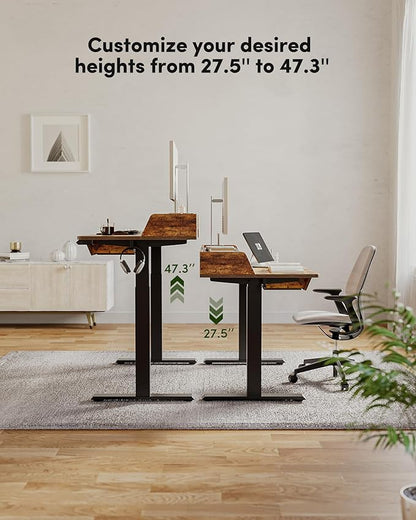 BANTI 48 x 24 Inch Electric Standing Desk with 3 Drawers, Adjustable Height Stand Up Desk, Sit Stand Home Office Desk with Storage Shelf, Rustic Brown Top