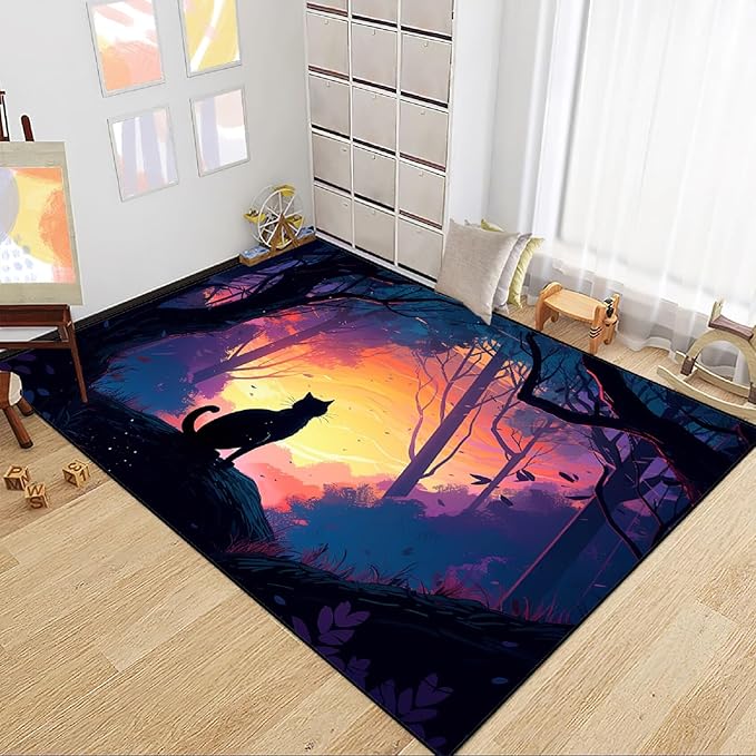 Magic Black Cat Rug - Moon Cat Rug for Girls Room Forestscape Cat Area Rug Black Cat Door Mat Colorful Rug with Black Cat Pattern, 2.5x4 Feet