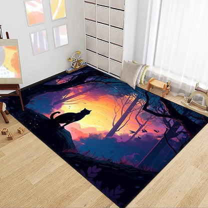 Magic Black Cat Rug - Moon Cat Rug for Girls Room Forestscape Cat Area Rug Black Cat Door Mat Colorful Rug with Black Cat Pattern, 2.5x4 Feet