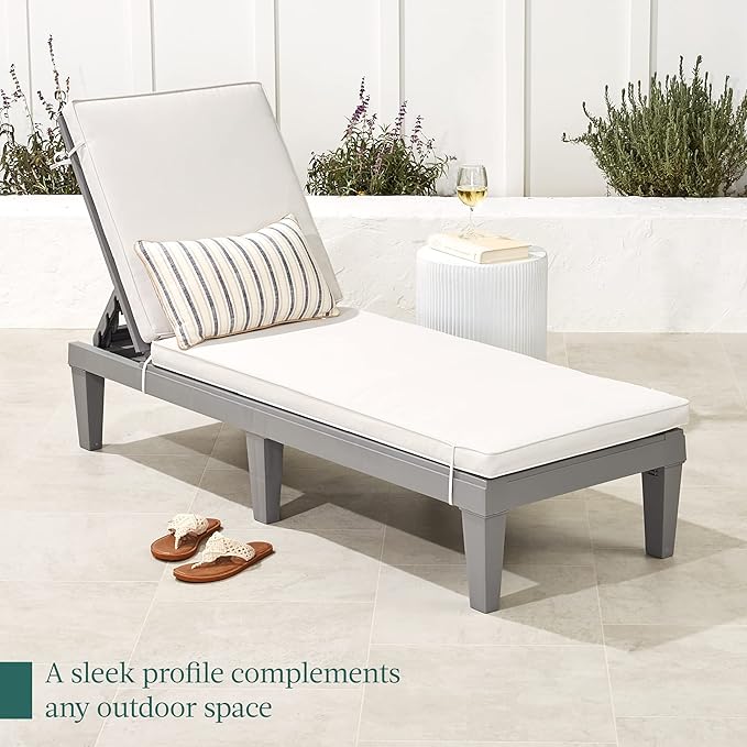 Best Choice Products Outdoor Lounge Chair, Resin Patio Chaise Lounger for Poolside, Backyard, Porch w/Seat Cushion, Adjustable Backrest, 5 Positions, 330lb Capacity - Gray/White Sand