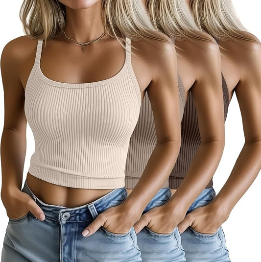 Ficerd 3 Pack Women's Tank Tops 95% Cotton Spaghetti Strap Ribbed Crop Camisole Slim Fitted Basic Summer Sleeveless Layer