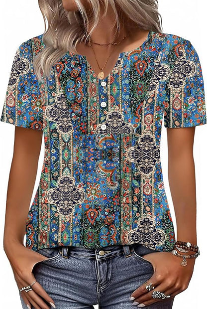Zeagoo Womens Short Sleeve Tops Summer Henley V-Neck Tshirts Casual Pleated Blouse Dressy Loose Floral Basic Tee