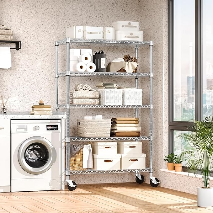 5-Shelf Storage Shelves,Wire Shelving Heavy Duty Metal Storage Shelving Unit Adjustable Garage Shelving Rack Pantry Kitchen (Chrome, 5 Tier,17.7" D x 47.2" W x 76.7" H)