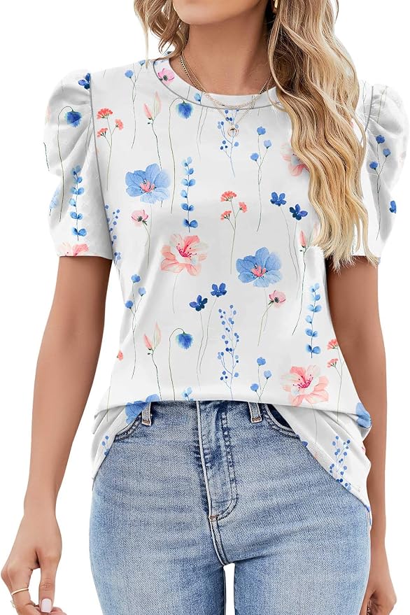 Ivicoer Puff Short Sleeve Shirt for Women Eyelet Tops Summer Crewneck Blouse Loose Fit S-XXL
