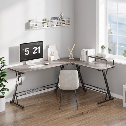 Casaottima Gaming Desk L Shaped Computer Desk, Corner Desk for Home Office with Monitor Stand 66", Gray Oak