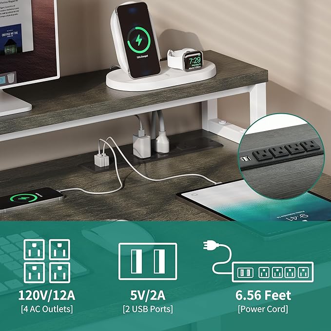 YITAHOME L Shaped Desk with Power Outlets & LED Lights & File Cabinet, 55" Corner Computer Desk with 3 Drawers & 2 Storage Shelves, Home Office Desk with Monitor Stand, White & Grey
