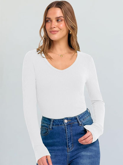 ANRABESS Long Sleeve V Neck Shirts for Women | Soft Comfy Ribbed Knit Fitted Tshirts, Casual Going Out Tops, 2026 Trendy Basic, Fall Winter Underscrub Layering Clothes