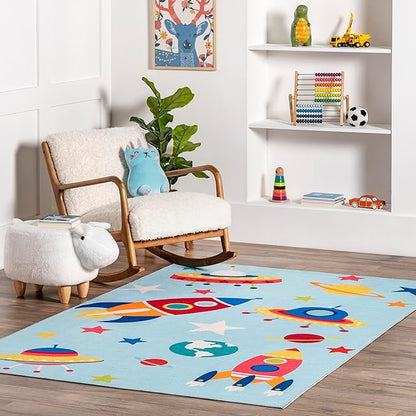 nuLOOM Eddie Outer Space Machine Washable Kids Ultra Thin Area Rug, 7' x 9', Light Blue Multi