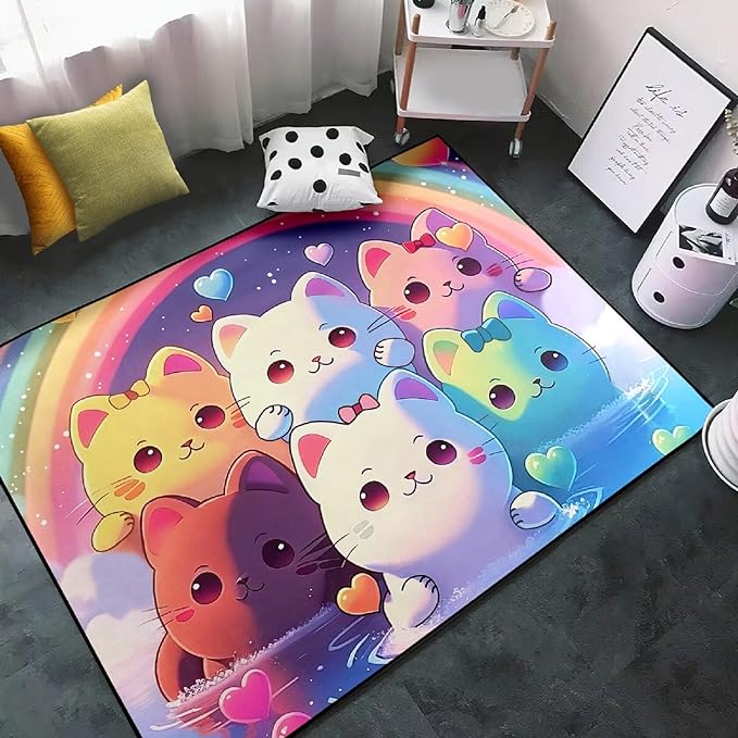 Rainbow Cat Rug for Girls - Colorful Cat Rug for Kids Bedroom Cute Cartoon Cat Pattern Rug Lovely Cat Rugs Room Decor Anime Cat Area Rug, 4x5 Feet