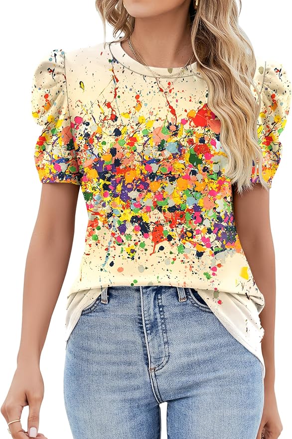 Ivicoer Puff Short Sleeve Shirt for Women Eyelet Tops Summer Crewneck Blouse Loose Fit S-XXL