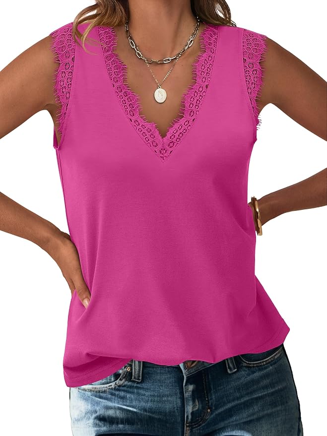 ANRABESS Womens Lace Trim Tank Tops V Neck Sleeveless Shirts 2026 Summer Casual Trendy Dressy Cami Top