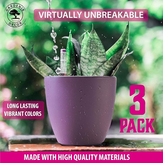 GARDENIX DECOR Self Watering Pots for Indoor Plants 3 Pack - Flower Pot with Water Level Indicator for Plants, Grow Tracking Tool - Self Watering Planter Plant Pot - Coco Coir - Purple