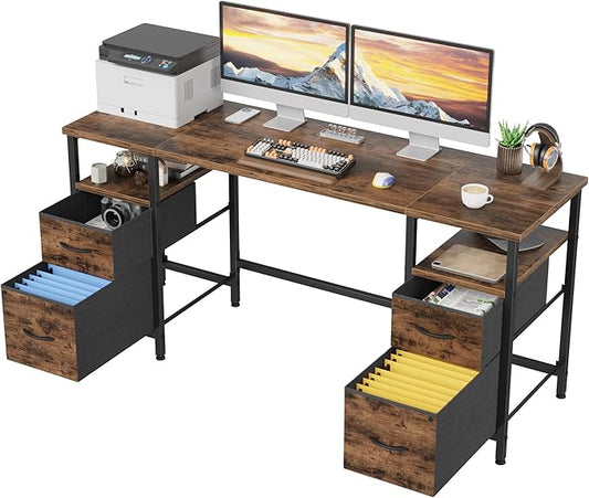 63'' Office Desk with 4 Fabric File Drawers - File Drawer Organization, Computer Work Desk, Study Writing Table, Home Office Workstation, Rustic Brown.