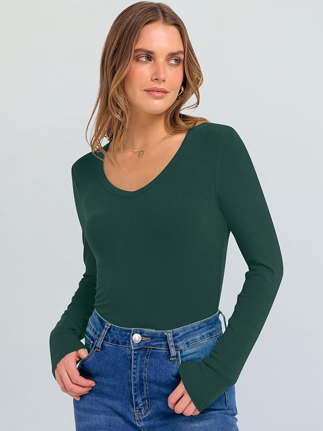 ANRABESS Long Sleeve V Neck Shirts for Women | Soft Comfy Ribbed Knit Fitted Tshirts, Casual Going Out Tops, 2026 Trendy Basic, Fall Winter Underscrub Layering Clothes