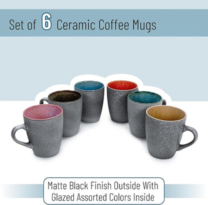 BTaT- Porcelain Coffee Mugs Set, 12 oz (350ml), 6 Pack, Ceramic Coffee Mugs, Matte Black Outside and Colorful Inside, Restaurant Cups for Tea, Cappuccino, Cocoa, Cereal, Mug Gift Set, Dishwasher Safe