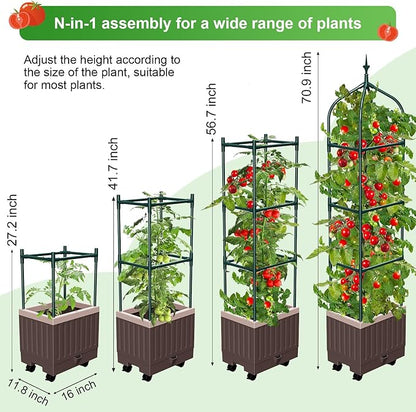 Raised Garden Bed Planter Boxes with Trellis,1pcs 70.9"Self-Watering Tomato Planter Boxes with Trellis for Climbing Vegetables Plants Flowers Tomato with Wheels,Use for Indoor Outdoor (Brown)