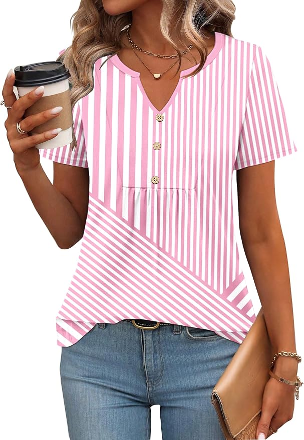 Zeagoo Womens Short Sleeve Tops Summer Henley V-Neck Tshirts Casual Pleated Blouse Dressy Loose Floral Basic Tee