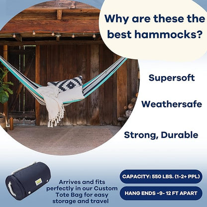 Handwoven Hammock by Yellow Leaf Hammocks - Family Size, Fits 2+ PPL, 550lb max - Weathersafe, Super Strong, Easy to Hang, Ultra Soft, Artisan Made - Color: Turquoise - Black -White