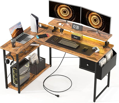 47 inch L Shaped Desk, Computer Desk, Adjustable Stand Office Desk, Power Outlets & Storage Drawer, Reversible Computer Desk with Shelves & Headset Hooks