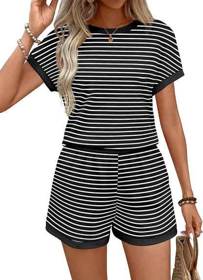 WIHOLL Two Piece Sets for Women Summer Lounge Short Sets Cap Sleeve Crew Neck Sweatsuit with Pocket XS-2XL