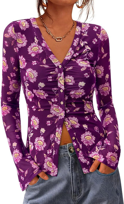 BTFBM Button Down Shirts for Women 2026 Fall Boho Tops V Neck Long Sleeve Blouses Ruched Mesh Fitted Fashion Clothing