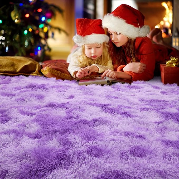 AROGAN Soft Rainbow Area Rugs for Girls Room 5x8 Feet, Fluffy Girls Bedroom Rugs, Princess Rug, Cute Colorful Carpet for Kids Teens Nursery Toddler （Purple）