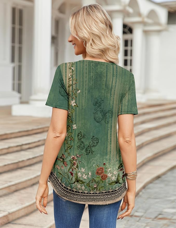 Zeagoo Womens Short Sleeve Tops Summer Henley V-Neck Tshirts Casual Pleated Blouse Dressy Loose Floral Basic Tee