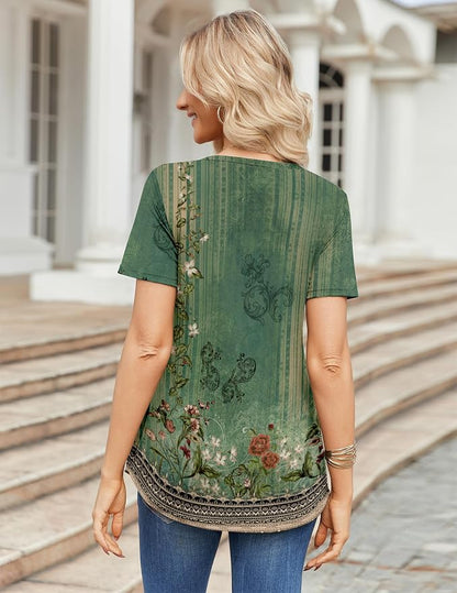 Zeagoo Womens Short Sleeve Tops Summer Henley V-Neck Tshirts Casual Pleated Blouse Dressy Loose Floral Basic Tee