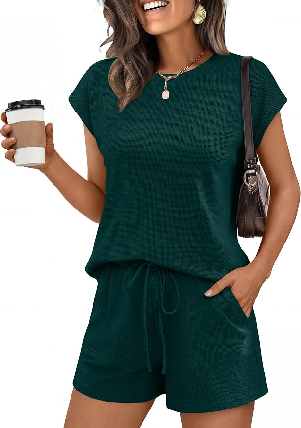 ANRABESS Womens Waffle Knit 2 Piece Short Sets Cap Sleeve Summer 2026 Matching Lounge Outfits Travel Beach Vacation Sweatsuit